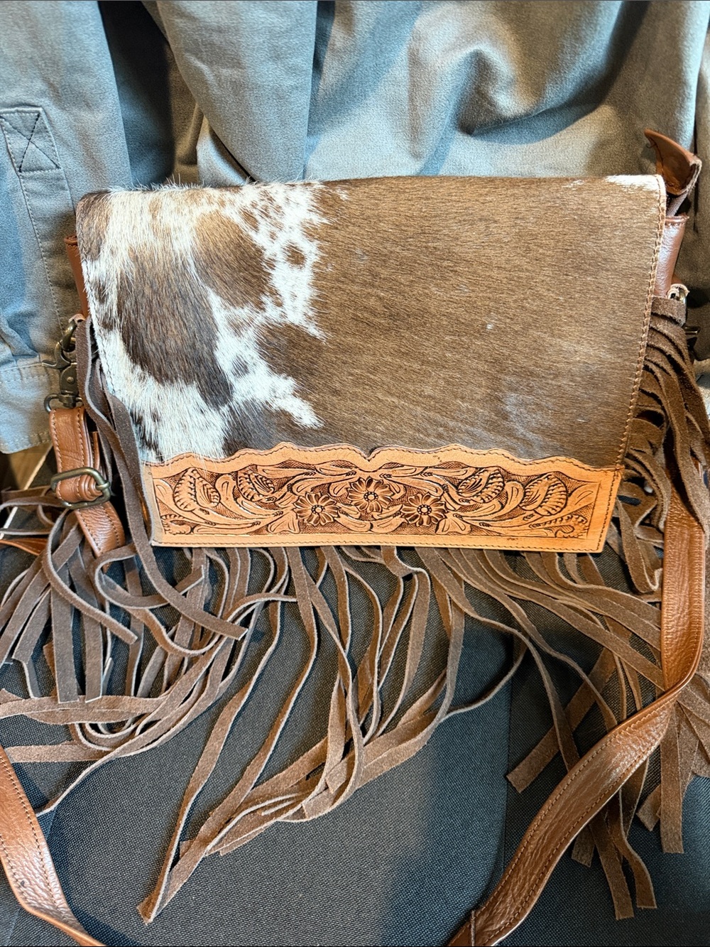Brown Cowhide Leather Fringe Crossbody Bag